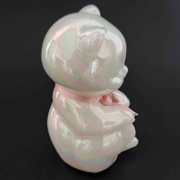 Rare Fenton Vintage Bear Iridescent Opal Rose Bow Ribbon Teddy Bear White Pink - Picture 4 of 12